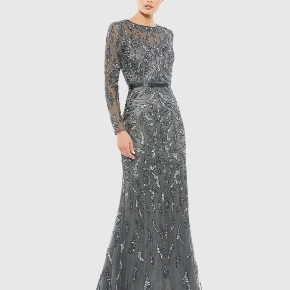 Mac Duggal Gray Sequin Embellished Long Sleeve Gown